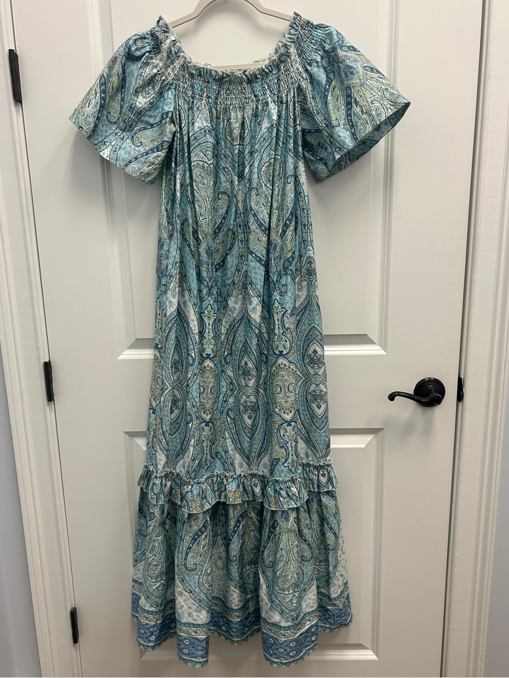 Tyler Boe Blue Paisley Off-Shoulder Smocked Maxi Dress Ruffle Hem Sz S